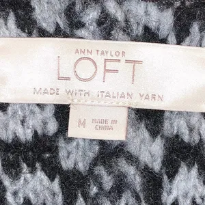 LOFT Wool Blend Fringe Cardigan Black White Open‎ Front Poncho Style Sweater Med thumbnail 6