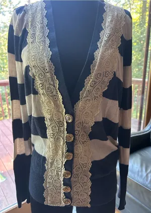 RXB stripped Navy and Cream Lace-Trim Cardigan Sweater thumbnail 1