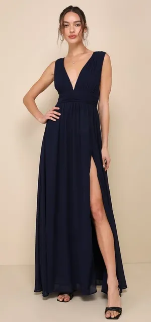 Lulus Maxi Dress Womens S Navy Heavenly Hues Pleated Side Slit Formal Elegant thumbnail 1