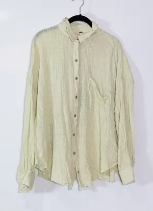 Free People Gisabelle Cotton Blend Textured Collared Button Down Blouse Green L thumbnail 1