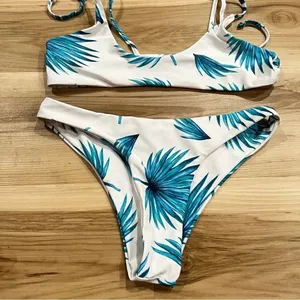 White and Blue Tropical Leaves Two Piece Bikini Women’s Small thumbnail 4