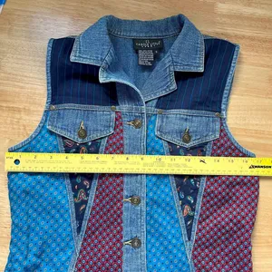 Carole Little Vintage 90s Denim Tapestry Patchwork Button Up Vest Top S thumbnail 6