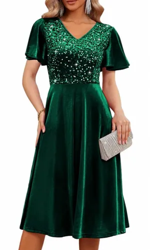 NEW Formal Green Sparkly Velvet Midi Dress XL thumbnail 1