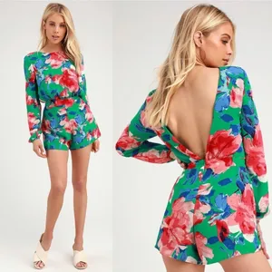 Lulus Sweetest Song‎ Floral Print Backless Long Sleeve Romper in Green Size Med thumbnail 2