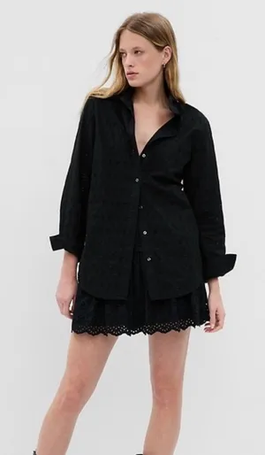 Gap Black Floral Eyelet Boyfriend Button-Down Shirt S thumbnail 1