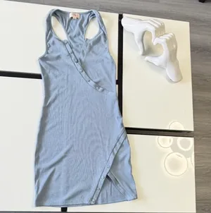 Camila Coelho Blue Ribbed Henley Asymmetrical Mini Dress XXS thumbnail 4