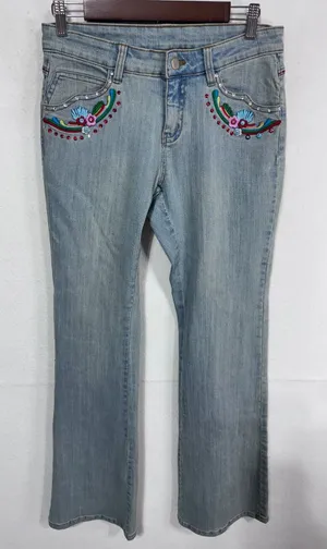 A-Z-I Jeans 6 Blue Denim Jeans Women's Embroidered Beaded‎ Flare Y2K Boho Hippie thumbnail 1
