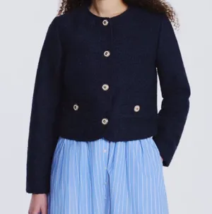 Free Assembly Nubby Collarless Crew Neck Jacket Size XL (16-18) Navy Blue thumbnail 1