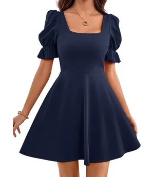 SheIn Square Neck Puff Sleeve A-line Dress in Blue, Size S​​​ thumbnail 1
