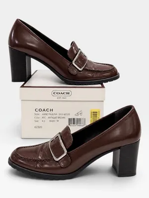 Coach Paulin Spazzolato Dark Brown Leather Heeled Loafers Size 5.5 NIB thumbnail 2