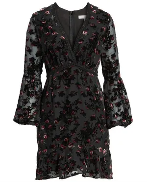 WAYF Brayden Long Sleeve Black with Red Roses Embroidered Velvet Dress Medium thumbnail 1