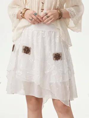 Banana USA Asymmetrical White Sheer Beaded Sequin floral Skirt Boho Fairy core thumbnail 4