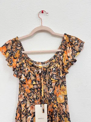 NWT Spell Hibiscus‎ Lane Off-Shoulder Sun Dress Licorice Floral XS Boho Mini thumbnail 4