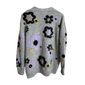 Miu Miu Flower Intarsia Cardigan in Grey Soft Fuzzy Mohair Womans 42/ US 6 thumbnail 2
