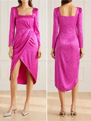 NWT Saylor Leopard Jacquard Satin Midi Dress Size Medium Magenta Pink Faux Wrap thumbnail 13