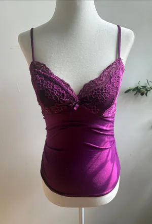 SHEIN Magenta Lace Trim Satin Tank Cami thumbnail 1