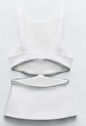 ZARA NWT viral TIK TOK White Jeweled Rhinestone Embellished Cutout Top XL thumbnail 4