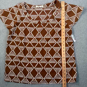 Old Navy Women's Large Brown White Geometric Pattern Short Sleeve Blouse Top thumbnail 6
