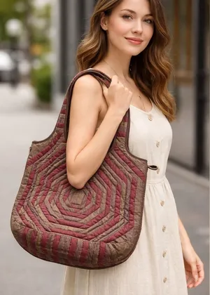 Boho Quilted Silk Shoulder Bag | Red Brown Patchwork Hobo | Coconut Button thumbnail 1