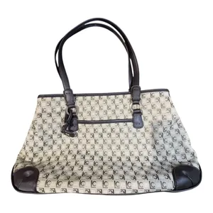 Liz Claiborne Tote Bag Womens Large‎ Beige Brown Monogram Jacquard Satchel Purse thumbnail 6