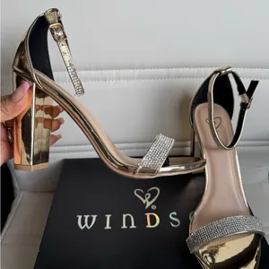 Windsor Gold Rhinestone Block Heel Sandals Size 6.5 NWT Glam Ankle Strap Heels thumbnail 2