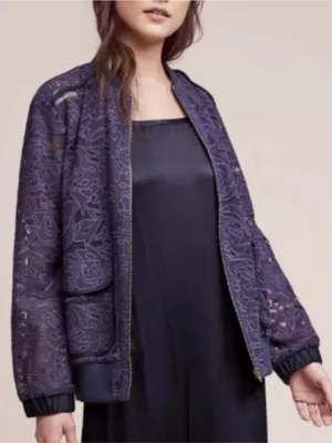 Anthropologie EUC Elevenses Miranda Lace Bomber Jacket Purple Oversized Small thumbnail 2