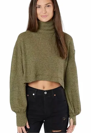 Free People Army Green Waffle Knit Cropped Mockneck BK Top Shirt size Large thumbnail 1