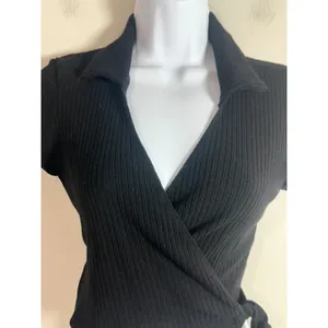 Reformation Sidra Knit Top Black Ribbed Wrap‎ Cropped Short Sleeve Small S USA thumbnail 4
