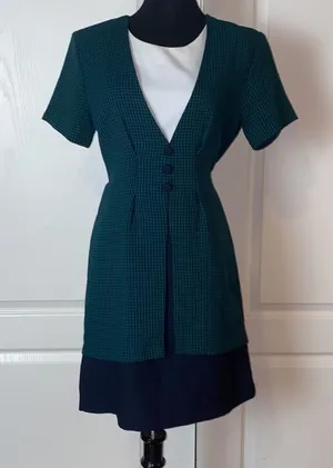 80s VINTAGE BLUE & GREEN GINGHAM PREPPY OFFICE DRESS thumbnail 1