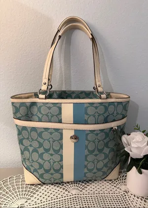 Coach Chelsea Teal and Cream Signature Stripe Tote. thumbnail 1