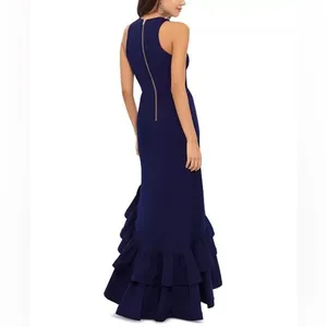 NWT Betsy & Adam Arielle Blue Size 2 Ruffle Hem Halter Gown Dress thumbnail 4