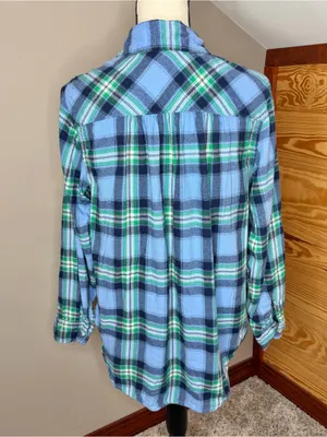 Aerie Plaid Flannel Long Sleeve Button Up Shirt Blue Green Small S Colorful thumbnail 2
