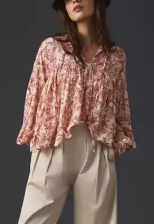 ANTHROPOLOGIE Paisley‎ Boho Top Small Petite Shirred thumbnail 1
