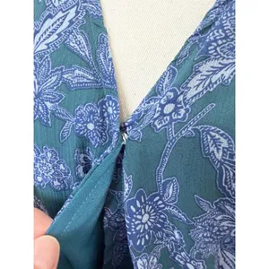 Voy Teal Blue Floral‎ Midi Dress Smocked Waist Flutter Sleeve L Cottagecore thumbnail 6