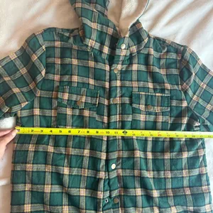 Green Plaid Flannel Sherpa Lined Shacket Hoodie thumbnail 7