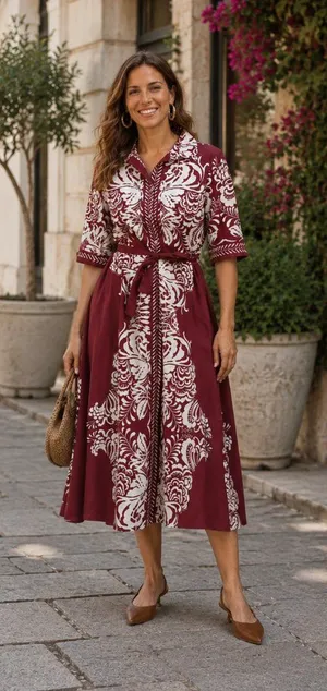 SPIGHE DI LINO Made In Italy Three-quarter Sleeve Border Print Maxi Dress thumbnail 1