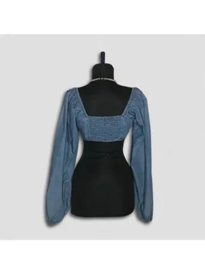 Forever 21 Chambray Blue Cropped Long Sleeve Top Small thumbnail 3