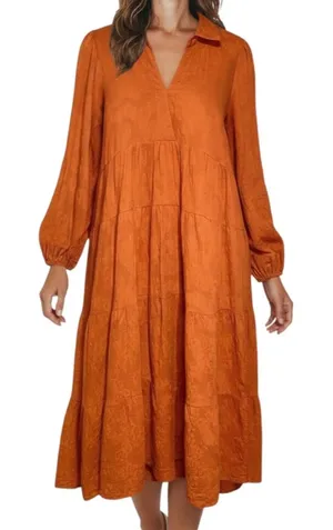 Umgee Floral Detail Tiered Collared V-Neck Midi Dress Rust / Burnt Orange thumbnail 1