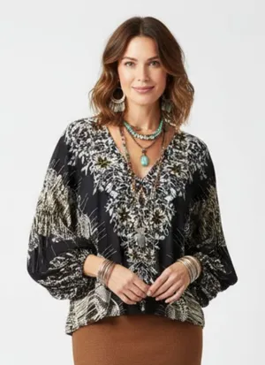 Free People Black Print Long Sleeve Peasant Boho Festival Oversized Top Blouse M thumbnail 1