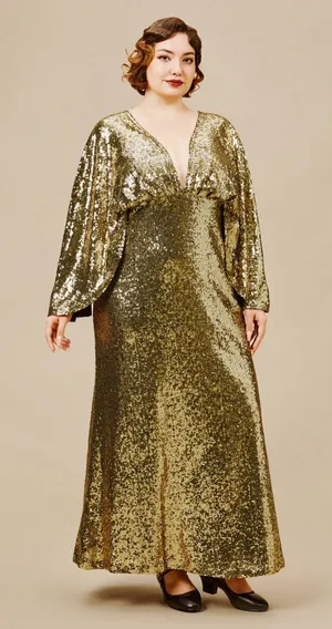 NEW BABEYOND Scoop Neck Sheer Angel Sleeve Maxi Dress Gold Sequin - Size 2X thumbnail 1