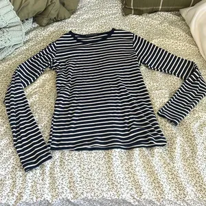 Brandy Melville Navy Blue and White Striped Longsleeve Shirt thumbnail 1
