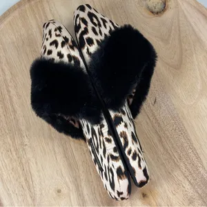 Victorias Secret Leopard Print Faux Fur Trim Satin Slippers‎ Tan Black Medium thumbnail 6