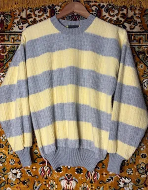 90s VTG Oversized Butter Yellow Striped Ribbed Crewneck Cotton Knit Sweater sz L thumbnail 1