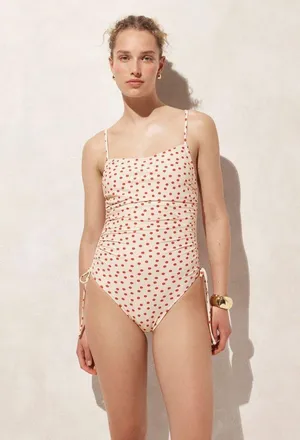 J.Crew Ruched one-piece swimsuit with side ties in red dot print thumbnail 1