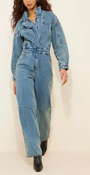 Ronny Kobo Eugene Long Sleeve Denim One Piece Jumpsuit Blue Medium thumbnail 1