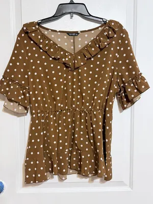 Shein Brown Polka Dot Ruffle Peplum Top 1xl curve thumbnail 1