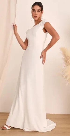 Lulus White Cap Sleeve Wedding Dress with Low Back thumbnail 1