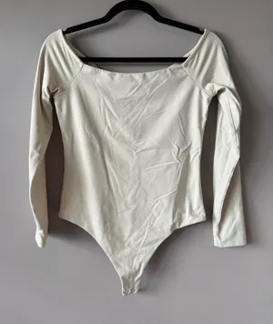 Nuuds Nude Boat Neck Long Sleeve Nylon Spandex Thong Snap Bodysuit Size M thumbnail 1
