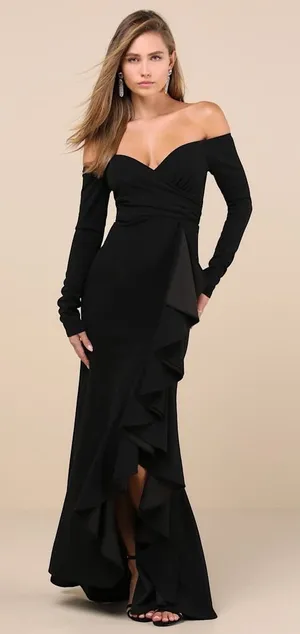 NWT Lulus Notorious Perfection Black Off Shoulder Ruffled Maxi Dress Party Sz XS thumbnail 1