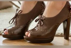 Coach Claudine brown patten leather and suede peek a boo heels. thumbnail 3